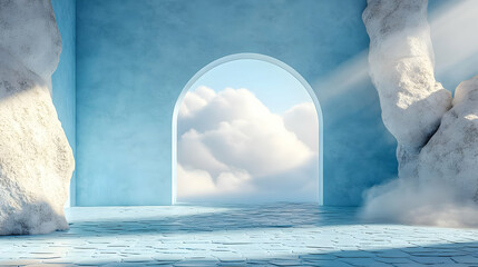 3D Surreal Blue Room Arch Cloudscape Illustration