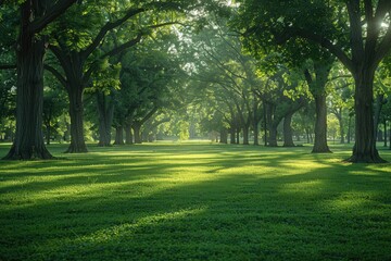 Obraz premium Sunlit Grove with Lush Green Grass and Sunlight Dappled Through Tree Canopy