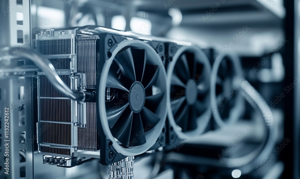 Poster A close-up of computer cooling components in a tech setup.