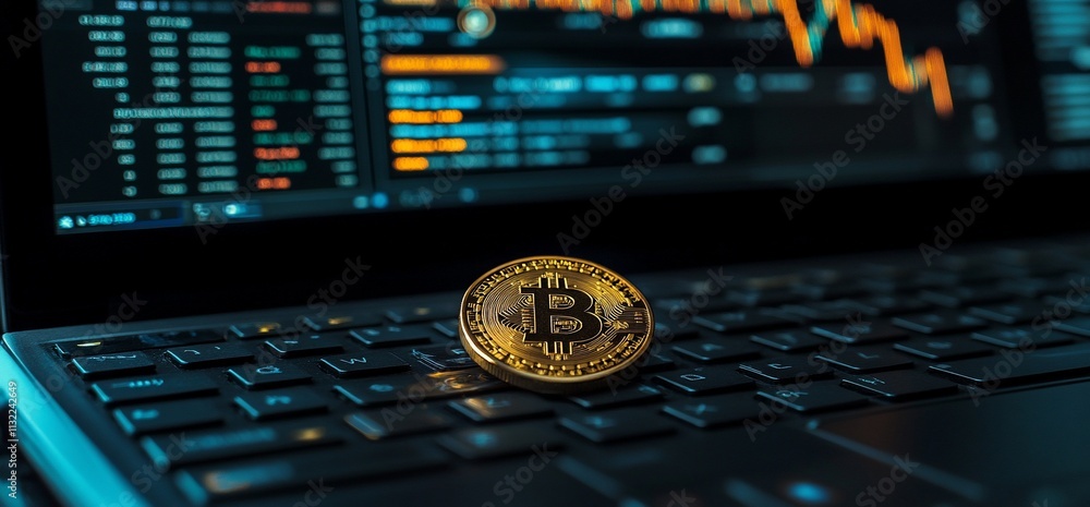 Poster a bitcoin coin on a laptop keyboard with financial data in the background.