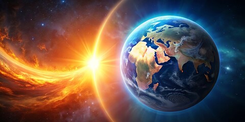 Obraz premium A fiery celestial body and a planet Earth in space