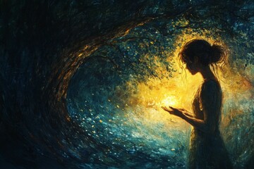 Fototapeta premium Woman holds glowing orb near dark tree.