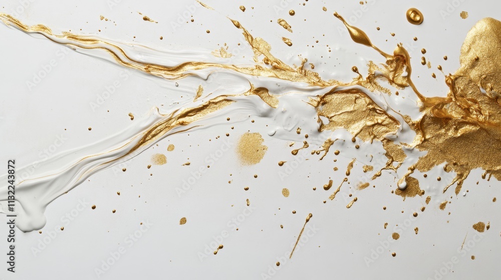 Poster dynamic gold and white paint splatter studio setting abstract art minimalist design close-up perspec
