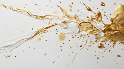 Obraz premium Dynamic gold and white paint splatter studio setting abstract art minimalist design close-up perspective creative expression