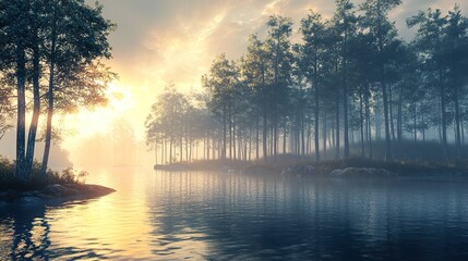 Fototapeta premium Sunrise over Misty Lake and Forest: A Tranquil Landscape