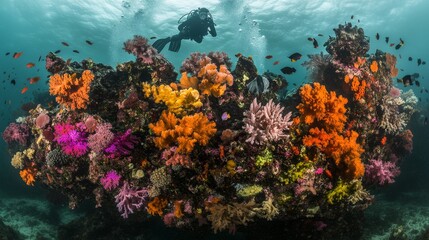 Obraz premium Diving adventure among vibrant coral reef underwater paradise ocean exploration colorful marine life scenic perspective conservation awareness