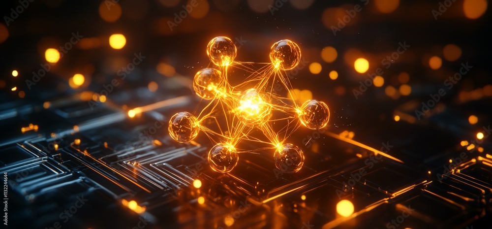 Poster A glowing molecular structure on a digital circuit background.
