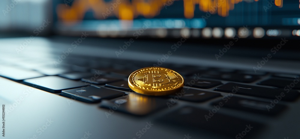 Poster a gold coin on a laptop keyboard with financial data in the background.