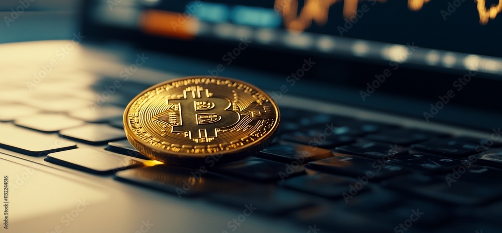 Poster a golden bitcoin resting on a laptop keyboard with market data in the background.
