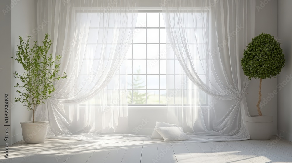 Poster elegant, sheer white curtains with a subtle hint of color, bringing lightness and simplicity to the 