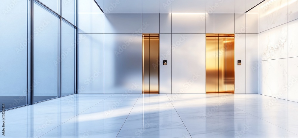 Poster a modern elevator lobby with sleek design and reflective surfaces.