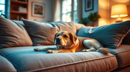 Obraz premium Soft golden fur glistens in the warm glow of a lamp as the dog stretches on the plush couch, embodying pure relaxation in a serene living space