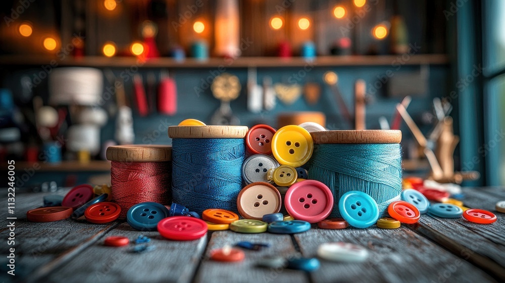 Poster a colorful assortment of buttons and spools of thread on a rustic wooden table.