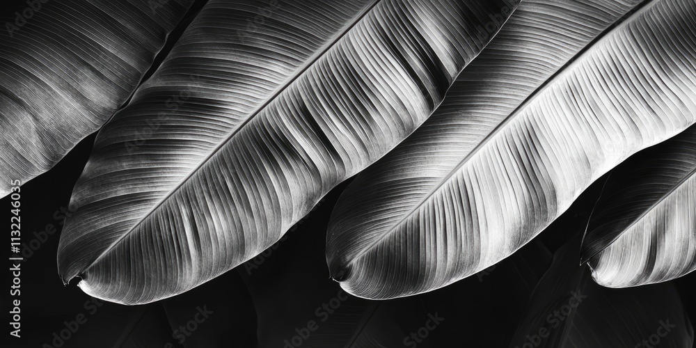 Poster black and white background featuring a captivating banana leaf, showcasing the unique textures and p