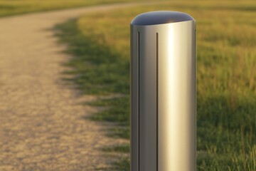 Shiny metal bollard on dirt road side during golden hour