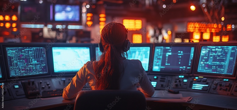Poster A person in a control room monitors multiple screens with data and visuals.