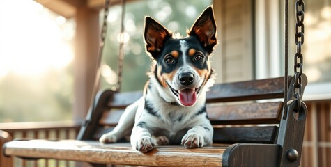 Bright sunlight filters through the trees as a cheerful dog lounges on a wooden swing, eagerly preparing for playful moments in the serene backyard