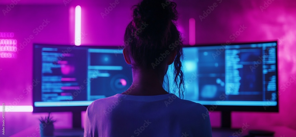 Poster a person working at a dual-monitor setup in a dimly lit, colorful environment.