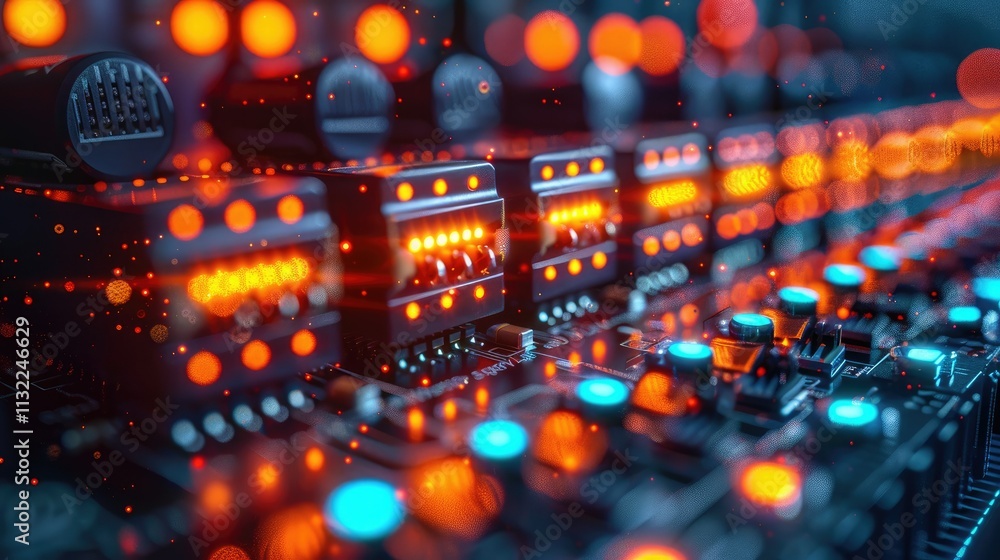 Poster close-up view of a complex circuit board with glowing components, illuminated by vibrant orange and 