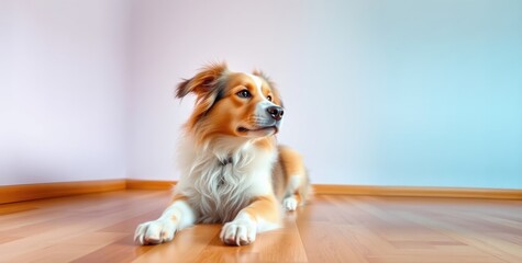 A dog is seen lounging on the smooth wooden floor of a softly lit room, stretching and loosening up, embodying a sense of relaxation and peace