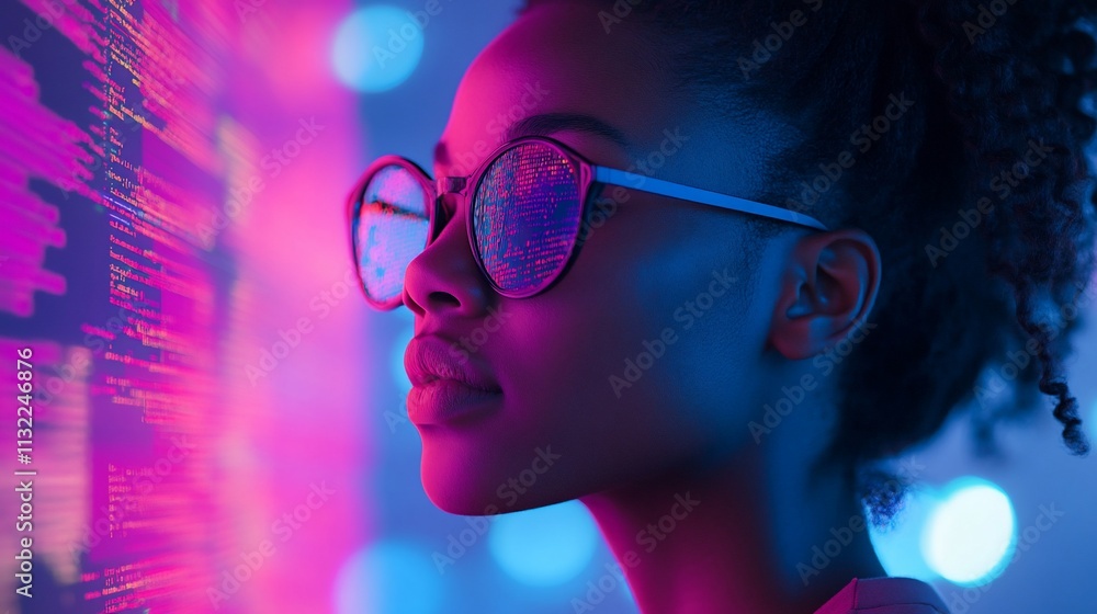 Poster a profile view of a woman with sunglasses, surrounded by digital code.