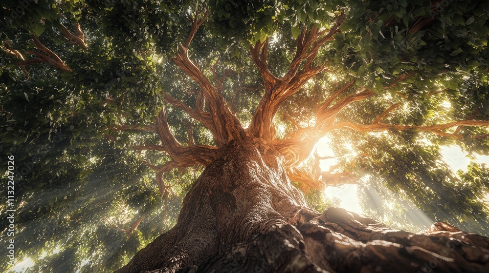 Aufkleber tree with a broad, textured trunk and an array of branches that form a lush canopy above. sunlight s