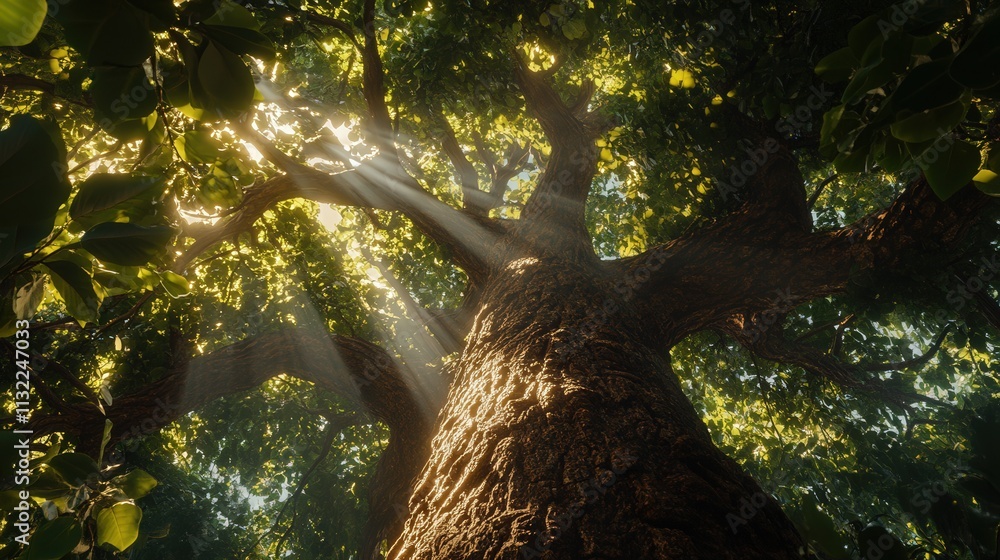 Poster tree with a broad, textured trunk and an array of branches that form a lush canopy above. sunlight s