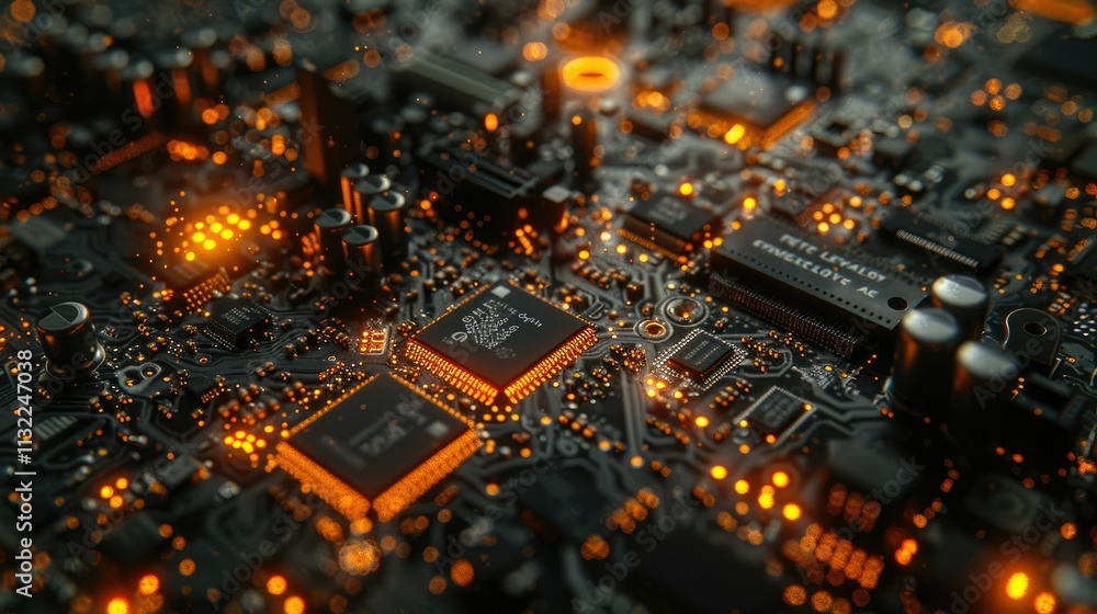 Poster Close-up view of a complex circuit board with glowing components.