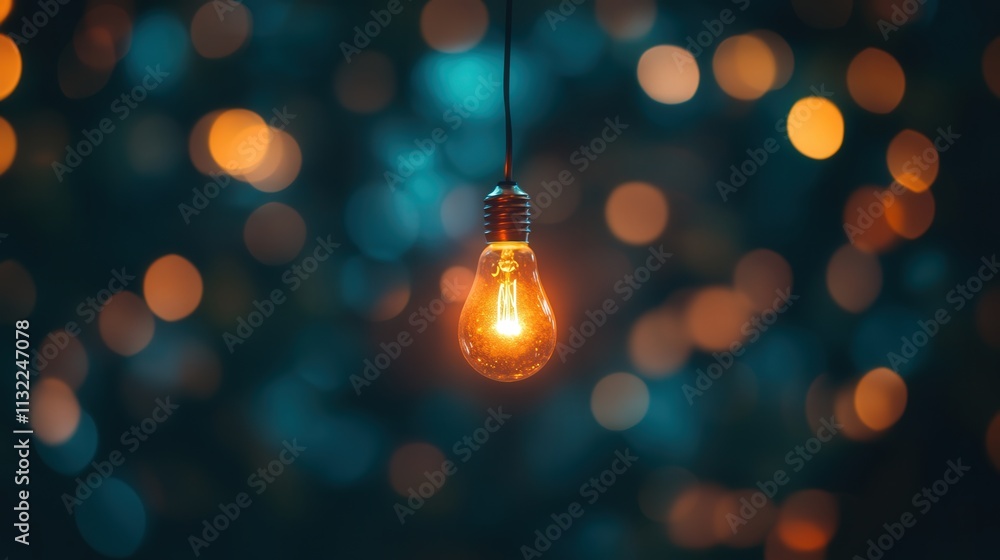 Poster glowing light bulb with soft, blurred edges, creating an atmospheric glow that fades into a dark, ab