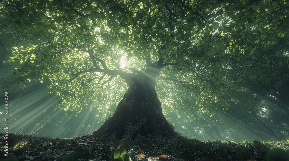 Aufkleber tree with a broad, textured trunk and an array of branches that form a lush canopy above. sunlight s
