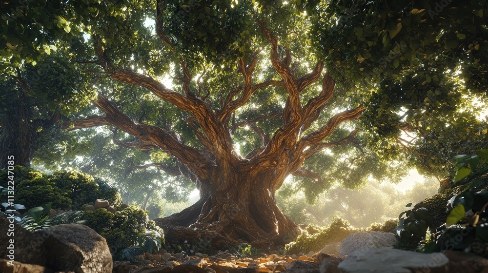 Aufkleber tree with a broad, textured trunk and an array of branches that form a lush canopy above. sunlight s