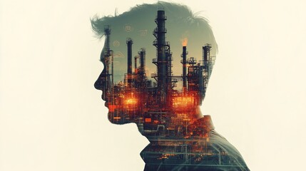 Obraz premium A silhouette of a person filled with an industrial landscape.