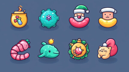 Fototapeta premium Solid vector icon set - trap truck vector, santa claus, bacteria, stomach, gold cup, dolphin, gyroscope, rasp, bear toy, beanbag, caterpillar, unicorn stick, cat