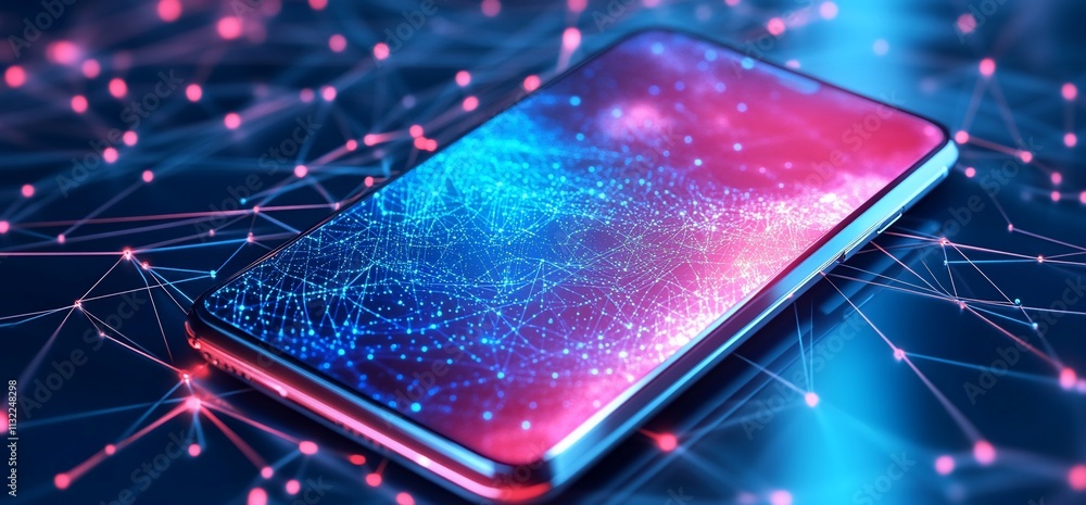 Poster a smartphone displaying a vibrant, digital abstract pattern.