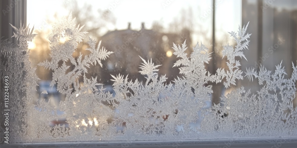 Poster winter frost patterns on a window create stunning visual displays, showcasing the intricate beauty o