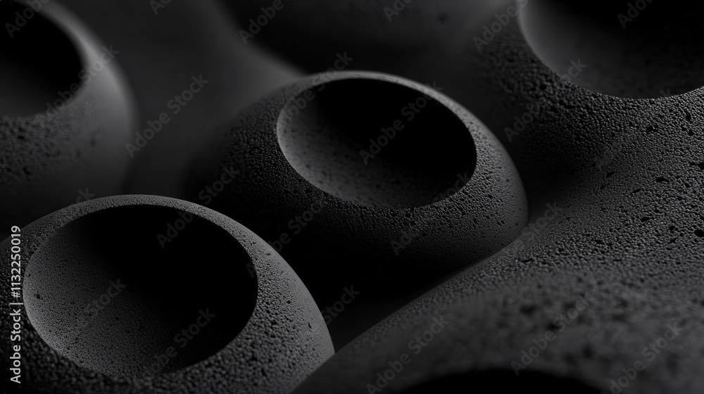 Poster imagine a black background with a minimal design of abstract shapes and soft textures.
