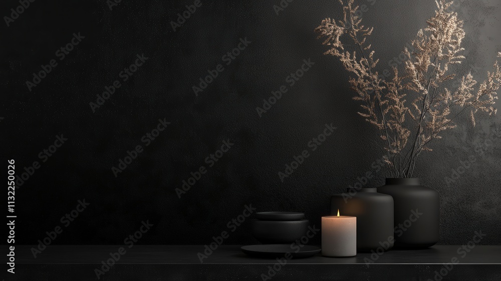 Poster imagine a black background with a minimal design of abstract shapes and soft textures.