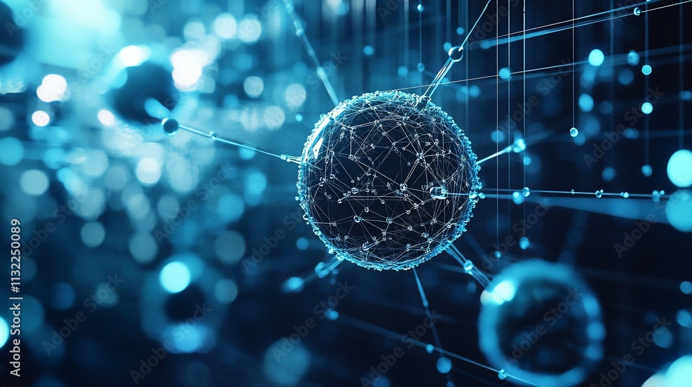 Poster Abstract glowing sphere with connected nodes and lines in a dark blue background.