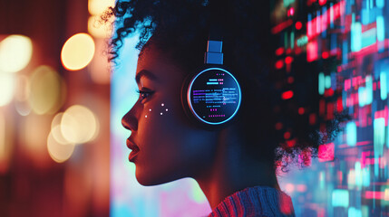 Naklejka premium A young person with natural hair gracefully listens to music, immersed in rhythmic beats while surrounded by a colorful display of digital lights, creating an energetic atmosphere