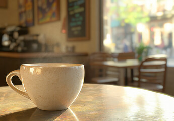 Fototapeta premium Steaming Cup of Tea, Coffee, or Cocoa on a Rustic Wooden Table, Bathed in Warm Morning Sunlight at a Cozy Café