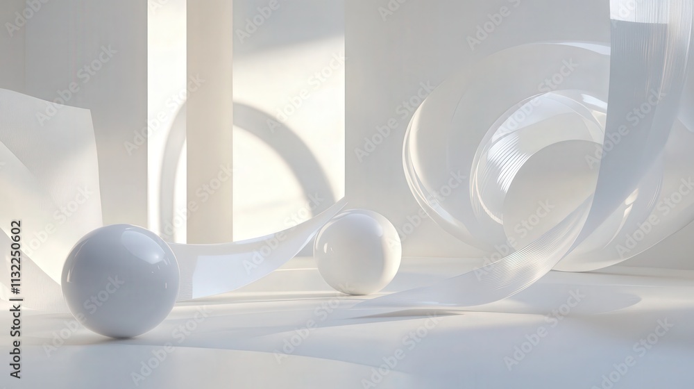 Poster imagine a clean 3d white space, where various abstract shapes hover in a minimalistic arrangement.