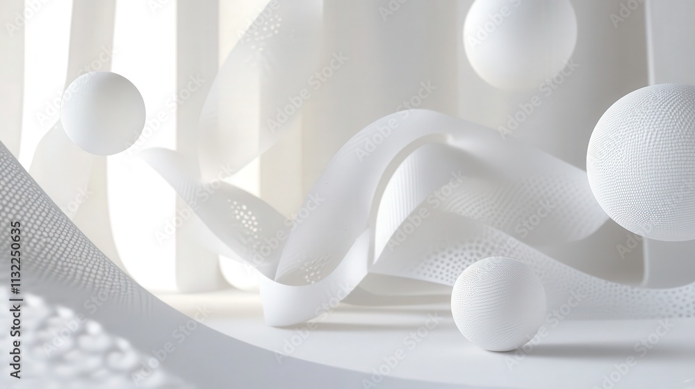 Poster imagine a clean 3d white space, where various abstract shapes hover in a minimalistic arrangement.