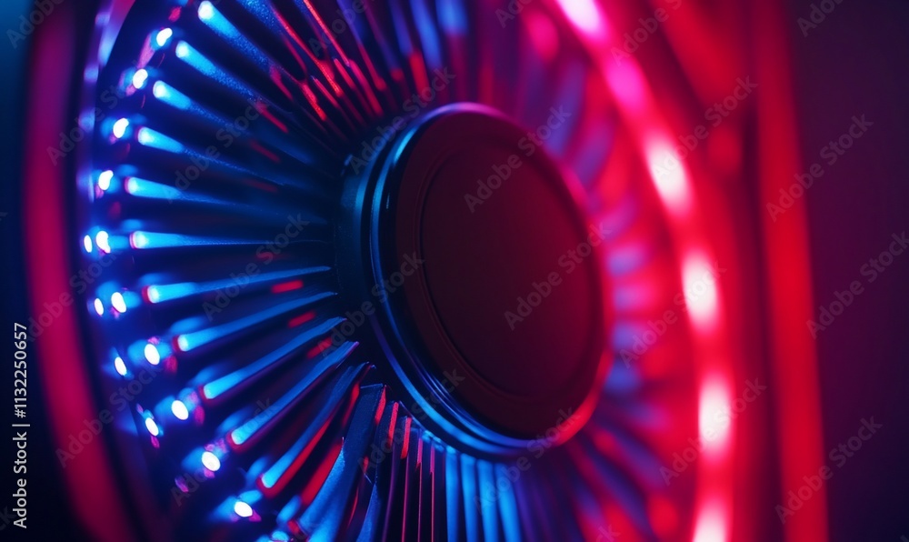 Poster close-up of a colorful computer fan with led lighting effects.