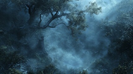 Fototapeta premium A Misty Forest With Overhanging Tree Branches