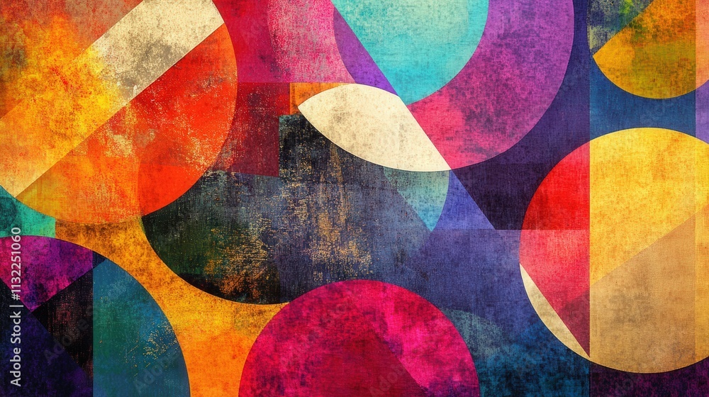 Poster imagine a colorful abstract mixed media design where geometric shapes like circles, triangles, and r