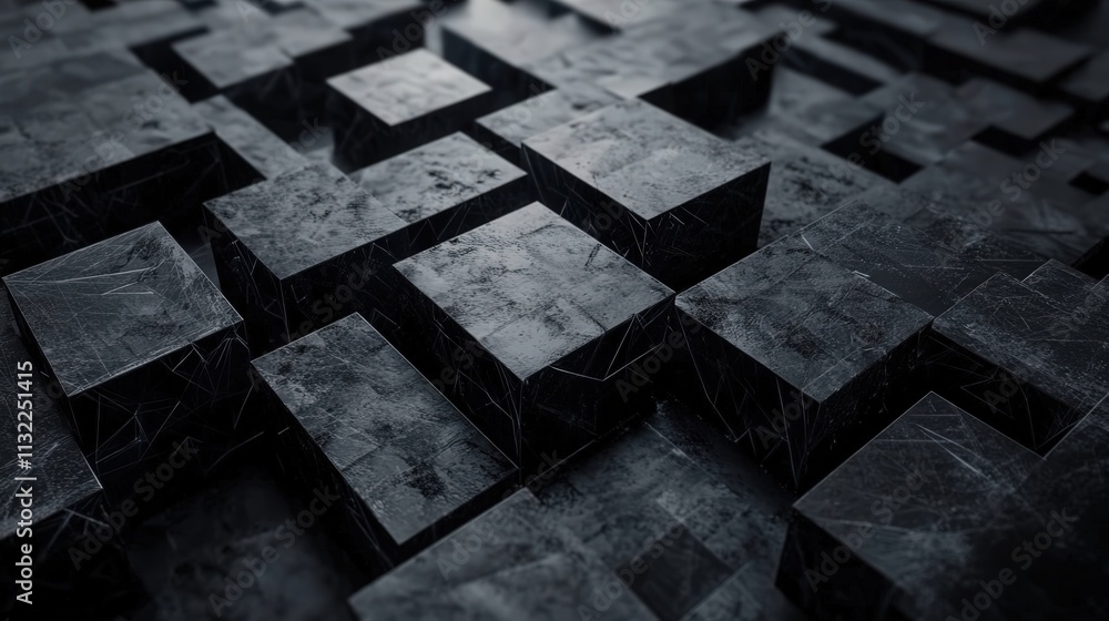 Poster imagine a dark futuristic background where triangular blocks build an intricate, high-tech structure