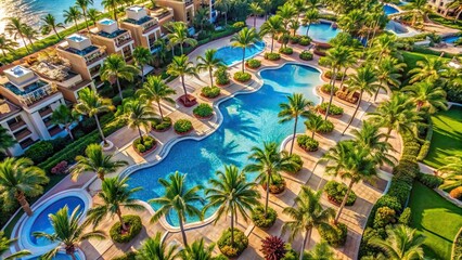 Fototapeta premium Aerial view of a sprawling luxury resort hotel with pools and palm trees , luxury, Riu Republica, hotel, vacation