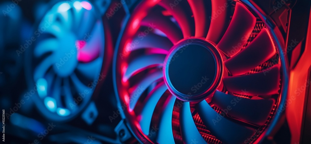 Poster Close-up of illuminated computer cooling fans in a tech setup.