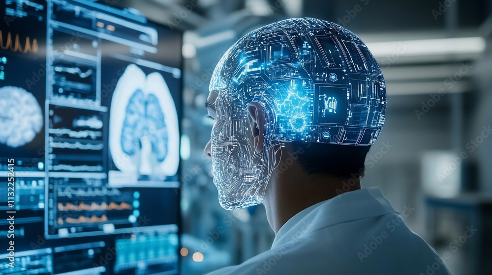 Poster doctor viewing brain scan data on digital screen.