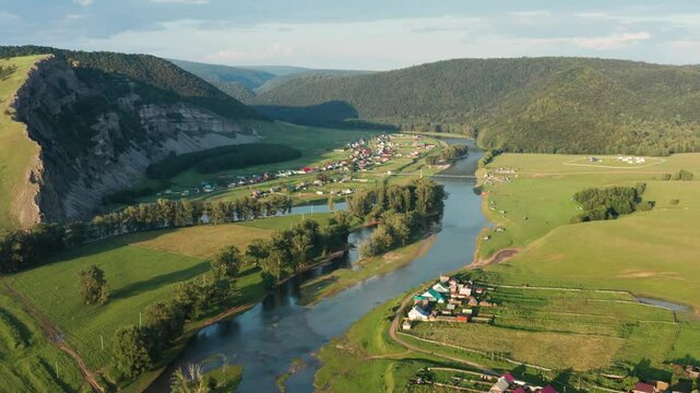 The Southern Urals, a tourist camp on the Zilim River near the village of Tash-Asty. Aerial view.